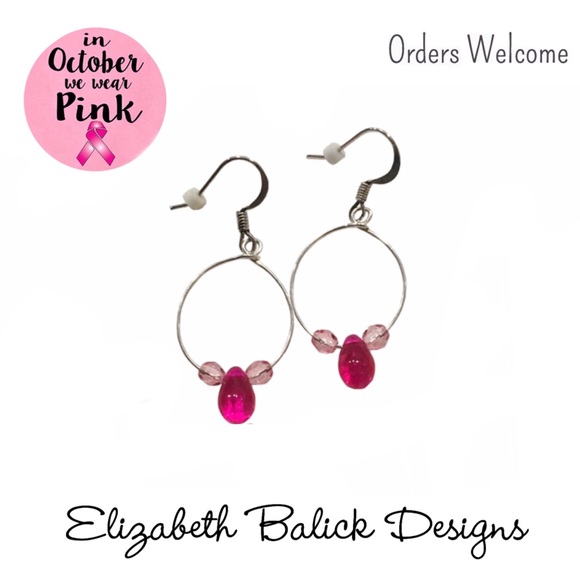 Elizabeth Balick Designs Jewelry - Handmade Drop Hoop Earrings Silver w/ Pink Czech Glass Beads EB Designs (Me) NEW